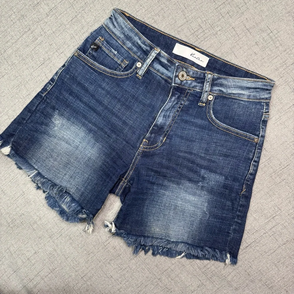 KanCan High Rise Frayed Hem Distressed Jean Shorts Dark Blue Size Small